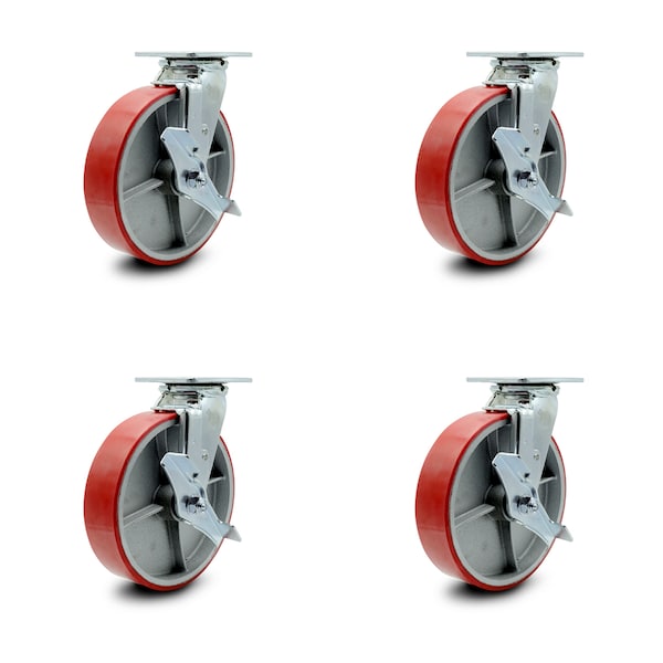 8 Inch Red Poly on Cast Iron Swivel Caster Set with Roller Bearings and Brakes